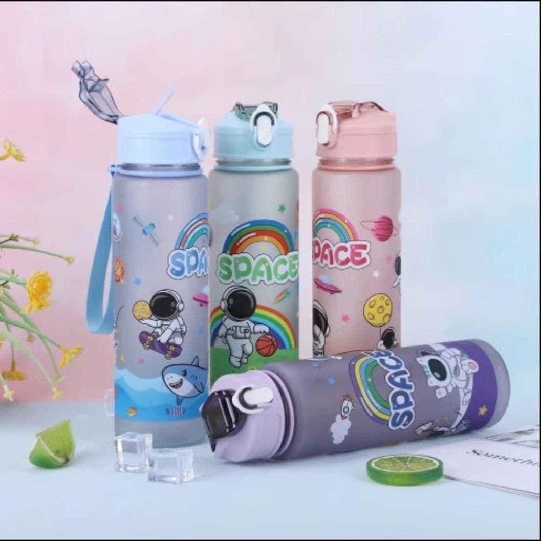 Cartoon Astronaut Direct Drinking Water Bottle 700ml | BPA-Free Plastic Kids & Students Bottle with Straw, Lid & Carry Rope pack (4) - image 1