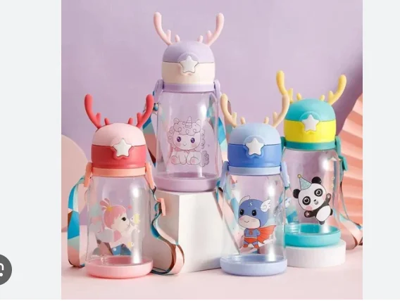 Cute Antler Kids Water Bottle with Straw & Strap - Leakproof Plastic Sippy Cup - image 1
